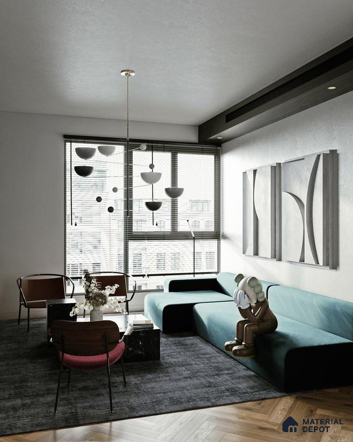A cozy living room with plush sofas, a coffee table, and a bookshelf.